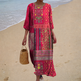 Inês - Vestido de Praia Longo Boémio de Manga Três Quartos
