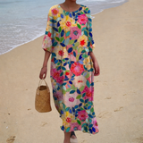 Filomena - Vestido de Praia Longo Floral Brilhante de Manga Três Quartos