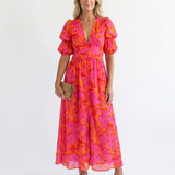 Andreia - Vestido Midi com Decote em V e Mangas Bufantes