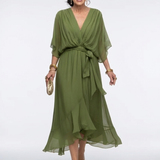 Beatriz - Vestido Midi com Decote em V e Cintura Drapada
