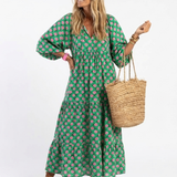 Mariana - Vestido Midi em Camadas com Decote em V e Estampa Floral