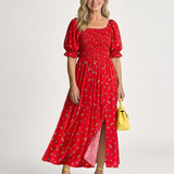Diana - Vestido Midi com Decote Quadrado e Padrão de Flores