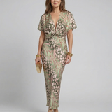 Bruna - Vestido Midi com Decote em V e Cintura Envolvente