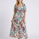 Filipa - Vestido Midi com Decote em V e Mangas Curtas Pregueado na Cintura