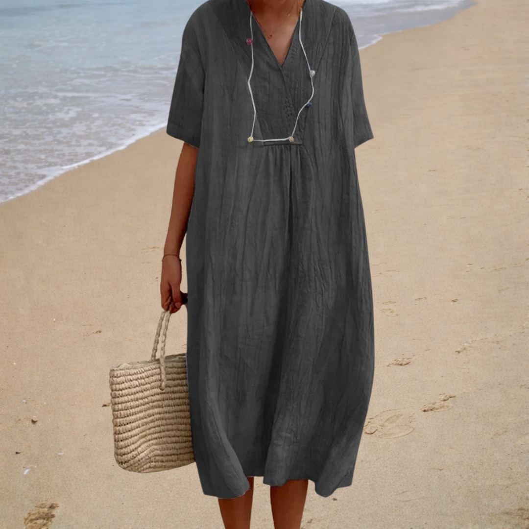 Sofia - Vestido de Praia Longo Descontraído de Manga Curta