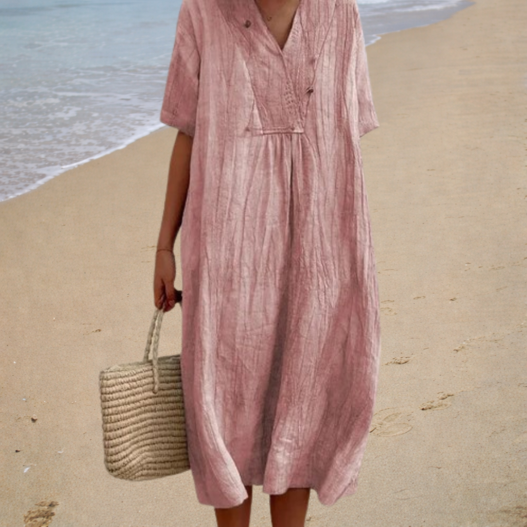 Sofia - Vestido de Praia Longo Descontraído de Manga Curta
