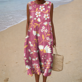 Elisabete - Vestido de Praia Midi Floral Romântico Sem Mangas