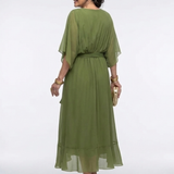 Beatriz - Vestido Midi com Decote em V e Cintura Drapada