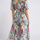 Filipa - Vestido Midi com Decote em V e Mangas Curtas Pregueado na Cintura