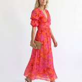 Andreia - Vestido Midi com Decote em V e Mangas Bufantes