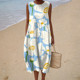 Tatiana - Vestido de Praia Midi Gráfico Solar Sem Mangas