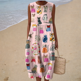 Sónia - Vestido de Praia Midi com Estampado de Gatos Sem Mangas