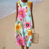 Flávia - Vestido de Praia Midi Floral Sem Mangas