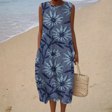 Neuza - Vestido de Praia Midi Floral Elegante Sem Mangas