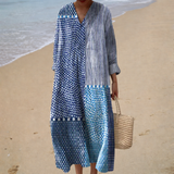 Joana - Vestido de Praia Longo Gráfico de Manga Três Quartos