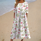 Catarina - Vestido de Praia Midi Romântico de Manga Curta