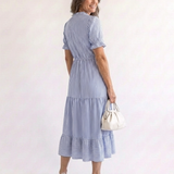 Vanessa - Vestido Midi de Manga Curta Riscado e em Camadas