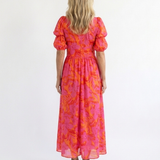 Andreia - Vestido Midi com Decote em V e Mangas Bufantes