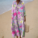 Noémia - Vestido de Praia Longo Florido Elegante de Manga Longa