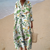 Vânia - Vestido de Praia Midi Tropical Natural de Manga Longa