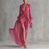Sofia - Vestido de Chiffon Rosa com Decote em V