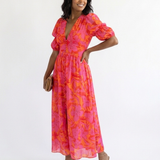 Andreia - Vestido Midi com Decote em V e Mangas Bufantes