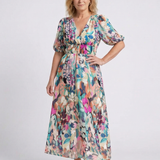 Filipa - Vestido Midi com Decote em V e Mangas Curtas Pregueado na Cintura
