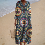 Carmem - Vestido de Praia Longo com Motivos Boémios de Manga Longa