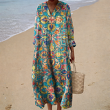 Ivone - Vestido de Praia Longo com Padrões Boémios de Manga Longa
