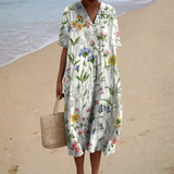 Rosário - Vestido de Praia Longo Floral de Manga Curta