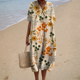 Daniela - Vestido de Praia Midi Floral Campestre de Manga Curta