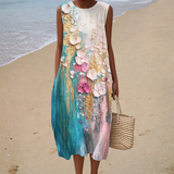 Olívia - Vestido de Praia Midi Pictural Artístico Sem Mangas