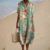 Irene - Vestido de Praia Midi Floral Romântico de Manga Curta