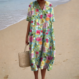 Isabel - Vestido de Praia Longo Floral Colorido de Manga Curta