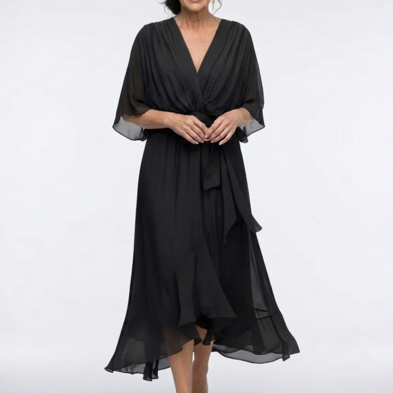 Beatriz - Vestido Midi com Decote em V e Cintura Drapada