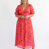 Andreia - Vestido Midi com Decote em V e Mangas Bufantes