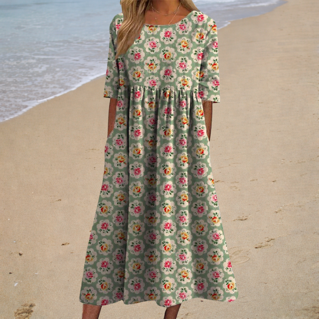Catarina - Vestido de Praia Midi Romântico de Manga Curta