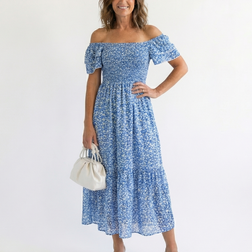 Constança - Vestido Midi com Ombros à Mostra e Estampa de Flores