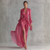 Sofia - Vestido de Chiffon Rosa com Decote em V