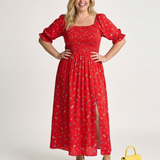 Diana - Vestido Midi com Decote Quadrado e Padrão de Flores