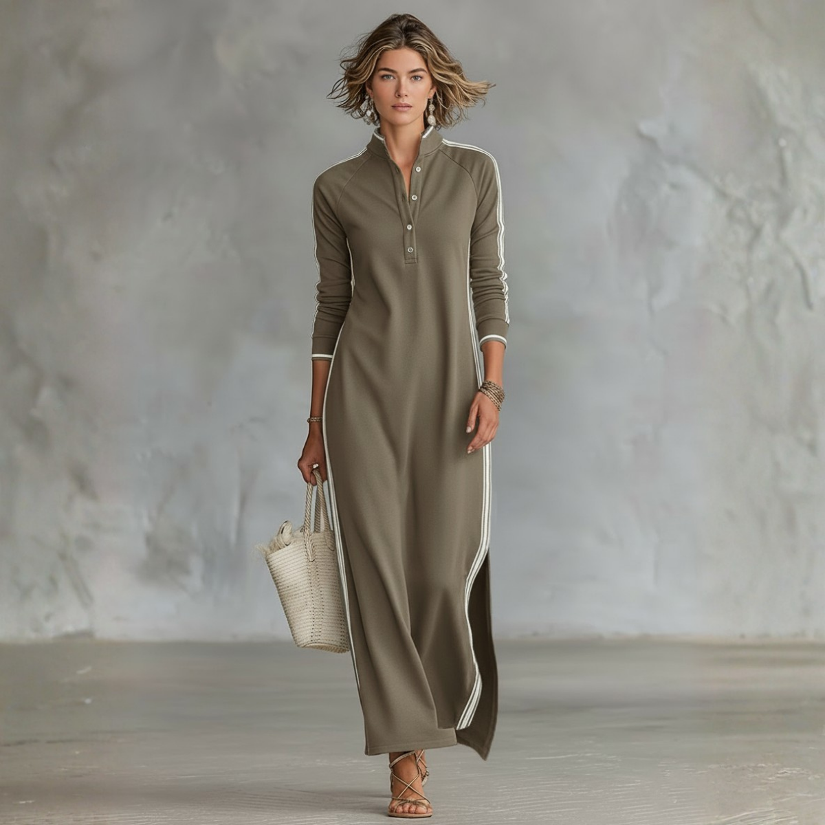 Patrícia - Vestido Maxi de Sweat com Gola de Botões