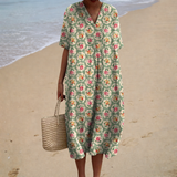 Sílvia - Vestido de Praia Midi Floral Retro de Manga Curta