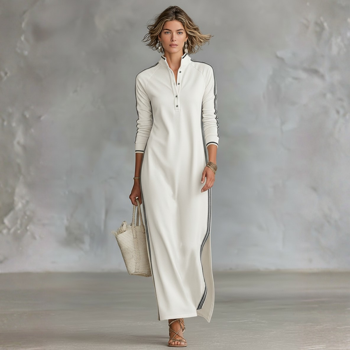 Patrícia - Vestido Maxi de Sweat com Gola de Botões
