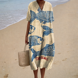 Natália - Vestido de Praia Longo com Padrão de Sardinhas