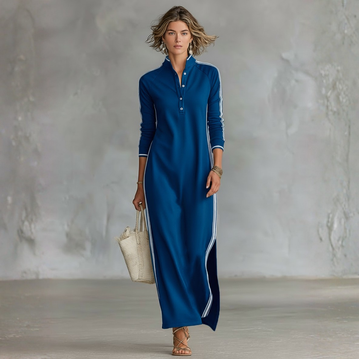 Patrícia - Vestido Maxi de Sweat com Gola de Botões
