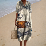 Constança - Vestido de Praia Midi Artístico de Manga Curta