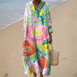 Jéssica - Vestido de Praia Longo Floral Boémio de Manga Longa