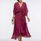 Beatriz - Vestido Midi com Decote em V e Cintura Drapada