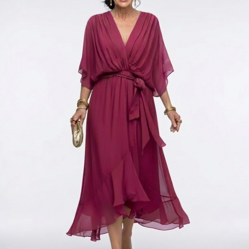 Beatriz - Vestido Midi com Decote em V e Cintura Drapada