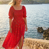 Diana - Vestido Midi com Decote Quadrado e Padrão de Flores